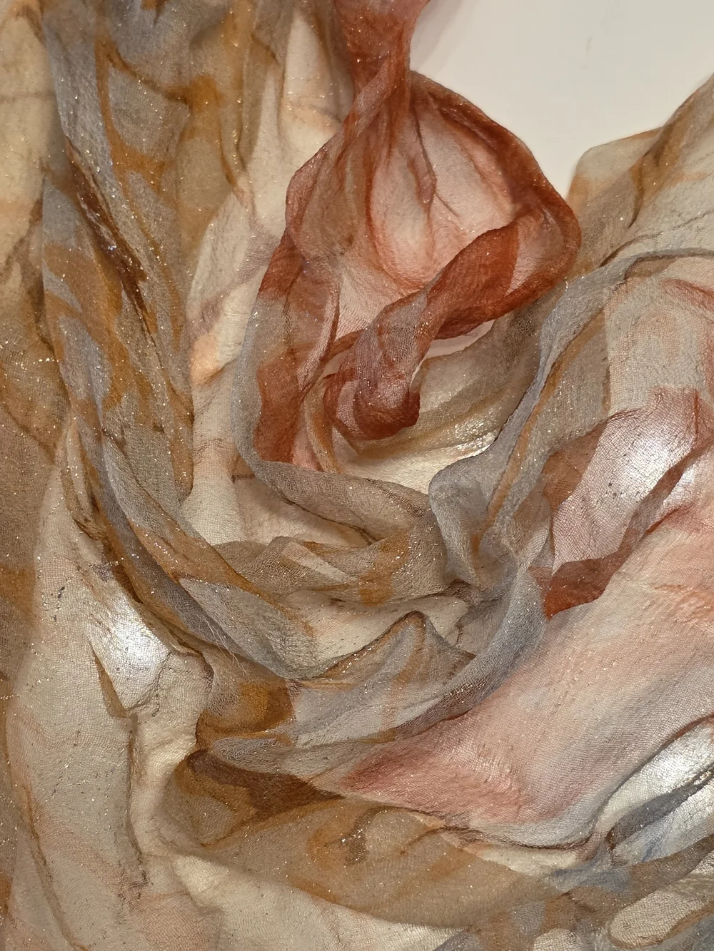 Vintage 70s Delicate Fringe Hippie Orange and Cream Lightweight Crinkle Scarf